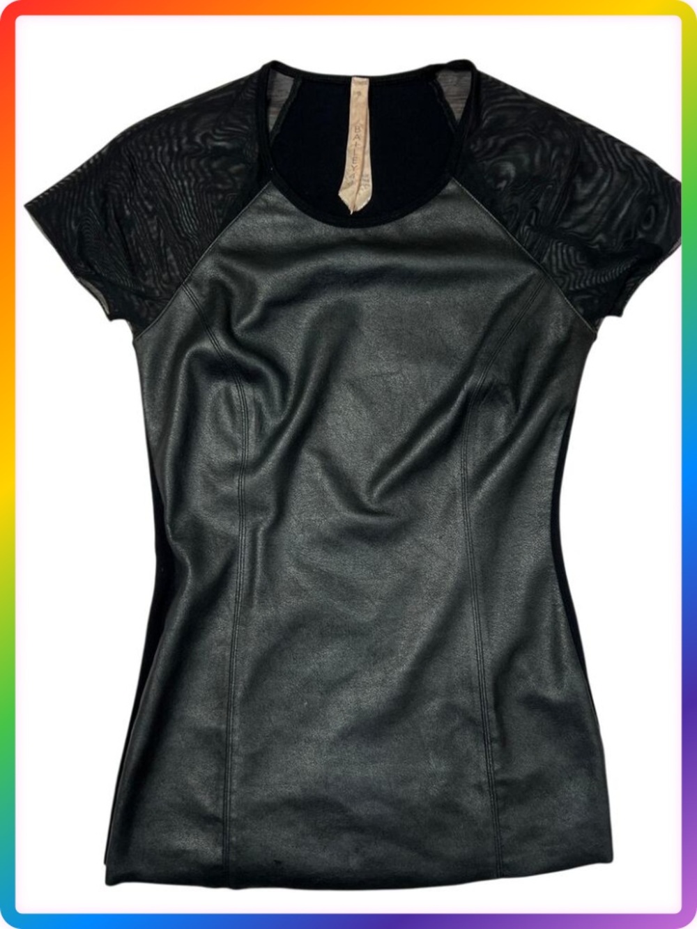 Bailey 44 Faux Leather Front Mesh Sleeve Layered Top SIZE S Black USA Edgy Shirt